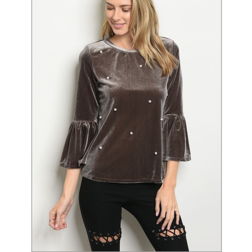 SOLD OUT. Velvet Pearl Blouse With 3/4 Bell Sleeve